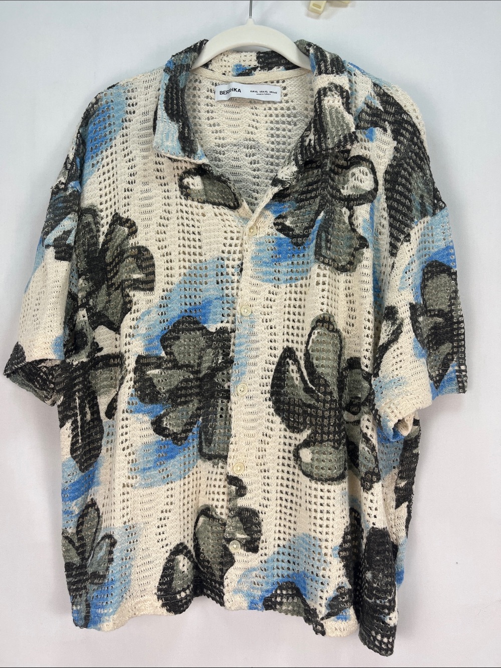 Bershka Abstract Floral Open Knit Short Sleeve Button Up Camp Shirt XL